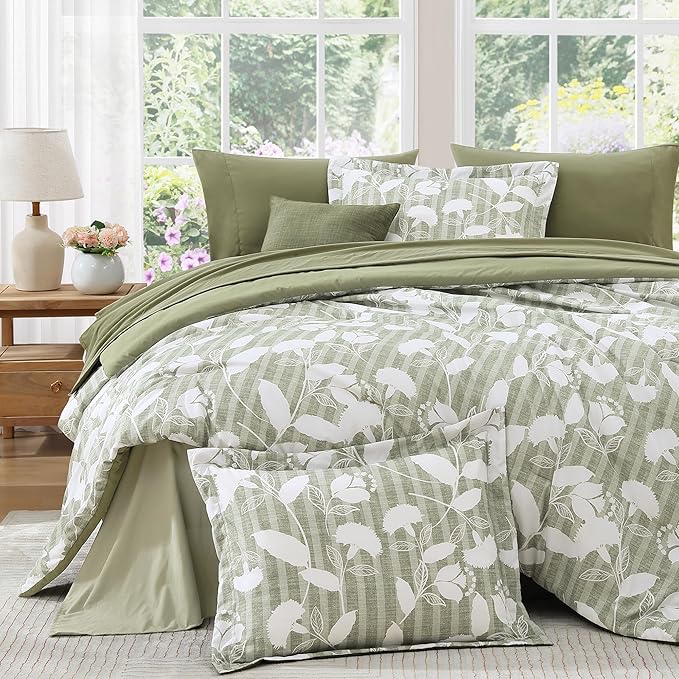 Full Comforter Set -7 Pieces Sage Green Floral Comforter Set for All Seasons, Bed in a Bag Full with Botanical Flowers Comforter, Sheets, Pillowcases & Shams