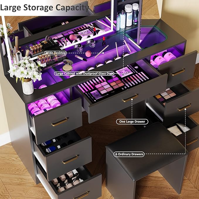 Glass Top Vanity Desk with Mirror and Lights, Black Makeup Vanity with RGB Drawer, Dressing Table with Adjustable Brightness, Vanity Set for Dressing Room (Black-Glass Top, with Stool)