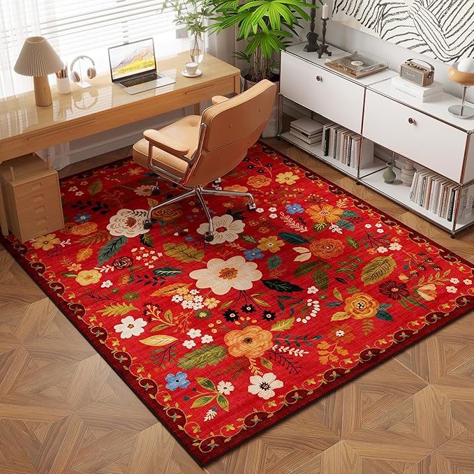 Area Rug 4x6 Rug Washable Boho Rugs Non Slip Low Pile Floral Small Carpet for Bedroom, Bedside, Kids Room, Office, Dining Room(Red)
