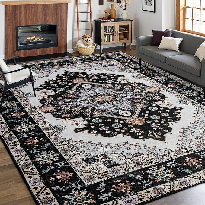 8x10 Area Rug for Living Room, Modern Washable Rug Non Slip Low Pile Large Area Rugs for Living Room, Bedroom, Farmhouse, Dining Room, Black