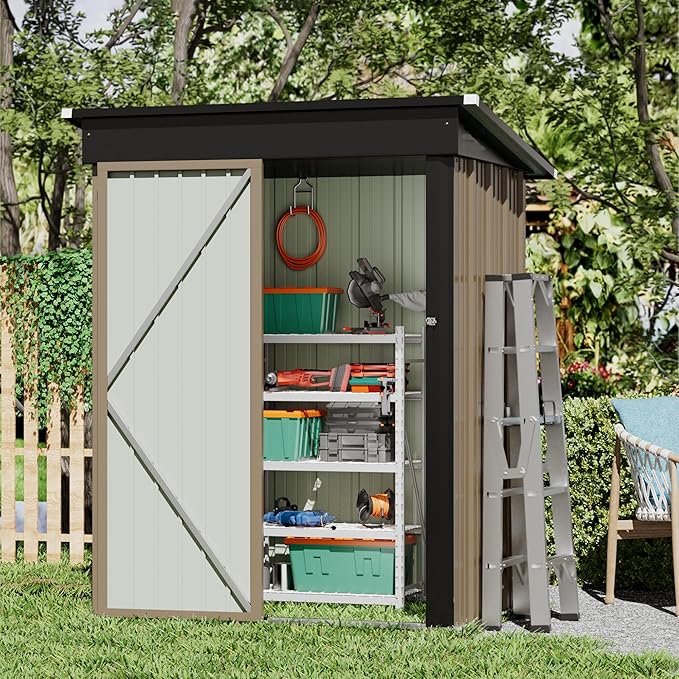 GUNJI 5 x 3 FT Shed Outdoor Storage Shed Metal Garden Shed with Lockable Door Outside Waterproof Tool Shed for Backyard, Patio, Lawn (Brown)