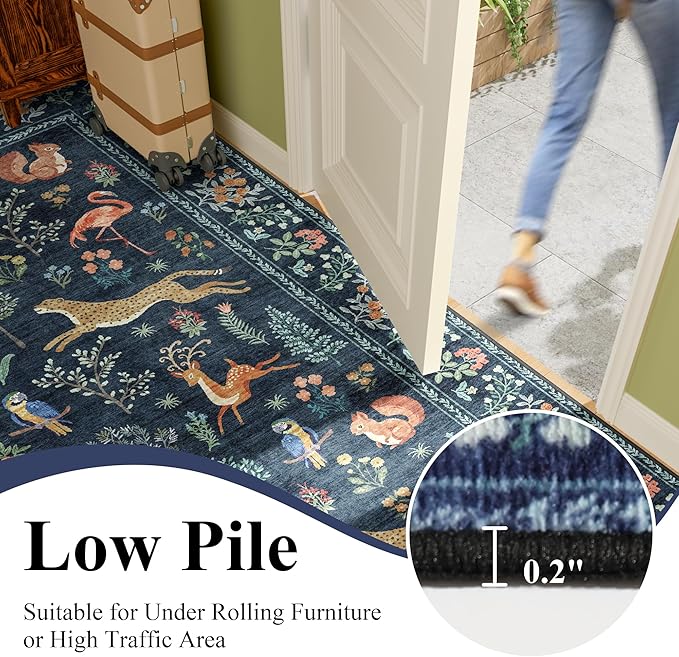 DUKINO 3x5 Rug, Washable Animal Area Rug with Non Slip Vintage Design, Indoor Soft Low Pile Carpet for Bedroom, Nursery, Dining Room, Farmhouse, Playroom, Navy Blue