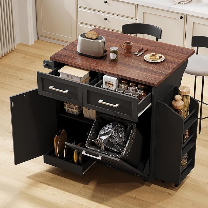 Farmhouse Kitchen Island with Drop Leaf & Wheels, 47.2" Rolling Kitchen Cart with Removable Side Racks, 2 Drawers, Towel Hooks & Trash Bin Cabinet for Small Space, Dining Room, Rustic Home Decor
