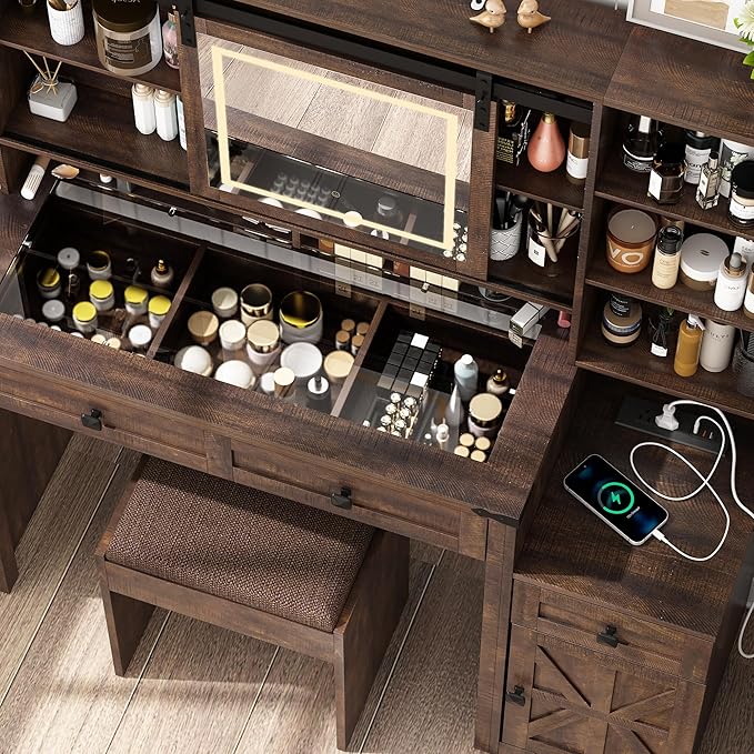 Farmhouse 47.2" Makeup Vanity Desk with Sliding Mirror and Lights, Vanity Set with Stool & Charging Station, 3 Colors Lights, Glass Desktop, Ample Storage, Brown