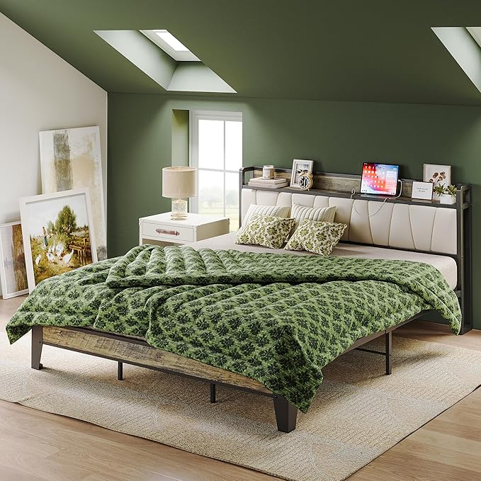 LIKIMIO California King Bed Frame, Storage Headboard with Charging Station, Solid and Stable, Noise Free, No Box Spring Needed, Easy Assembly (Walnut and Beige)