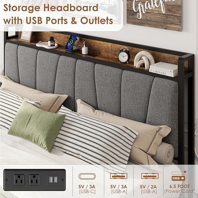King Size Bed Frame with 2 Storage Drawers and Charging Station, Rustic Linen Upholstered Platform Bedframe with Storage Headboard, Heavy Duty, No Box Spring Needed, Easy Assembly, Noise Free,Grey