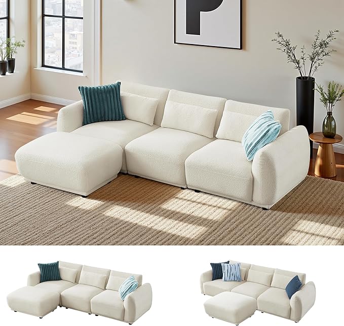 Sectional Sofa Couch, Modern Convertible U Shaped Sectional Couch with Ottoman, Modular Sectional Sofa Cloud Couches for Living Room (White, 3 Set + 1 Ottoman)