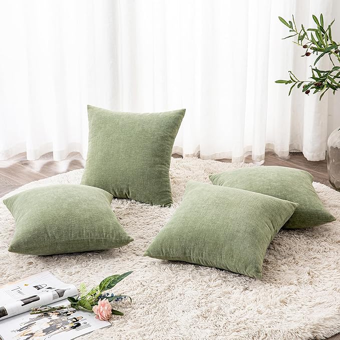 GAWAMAY Decorative Square Throw Pillow Covers 18"x18" Inch Set of 4, Super Soft Chenille Pillows Farmhouse Fall Pillowcase for Living Room Bedroom Sofa Couch Cushion Cover Sage Green 45x45cm