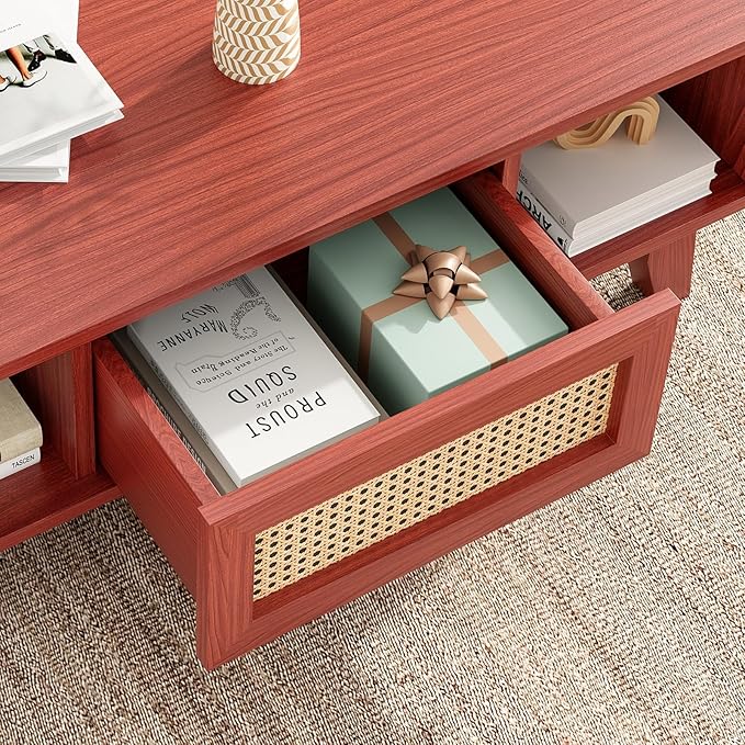Soohow Coffee Table, Mid Century Living Room Tables with Storage, Modern Square with Rattan Drawer, Wooden Living Room Table with Solid Wood Leg
