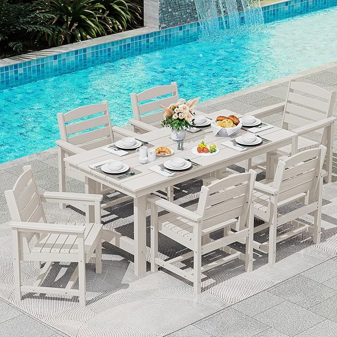 SERWALL 7-Piece Patio Dining Table Sets, Outdoor HDPE Dining Furniture Set with Umbrella Hole Cut-Out Table and 6 Chairs, White