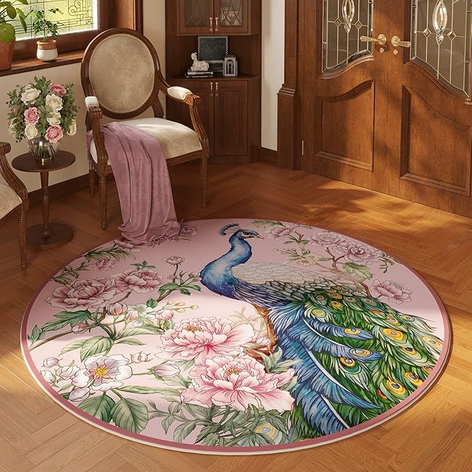 Round Rug 4ft Washable Circle Rug Non Slip Low Pile Floral Peacock Animal Small Circular Rug for Bedroom, Bathroom, Entryway, Kids Room, Office, College Dorm (Pink)