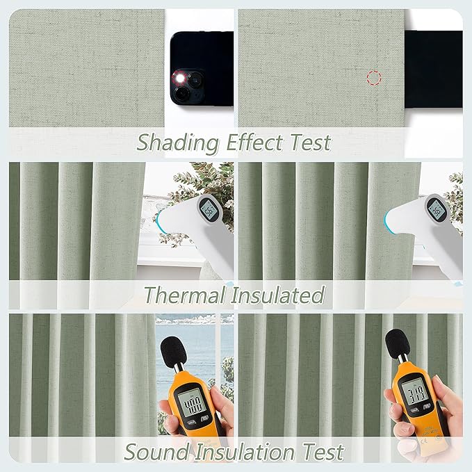 Guken Blackout Curtains 63 Inch Length 2 Panels Set for Living Room Bedroom Back Tab Thermal Insulated 100% Black Out Linen Drapes Room Darkening Window Curtains 63 Inches Long,Mist Sage