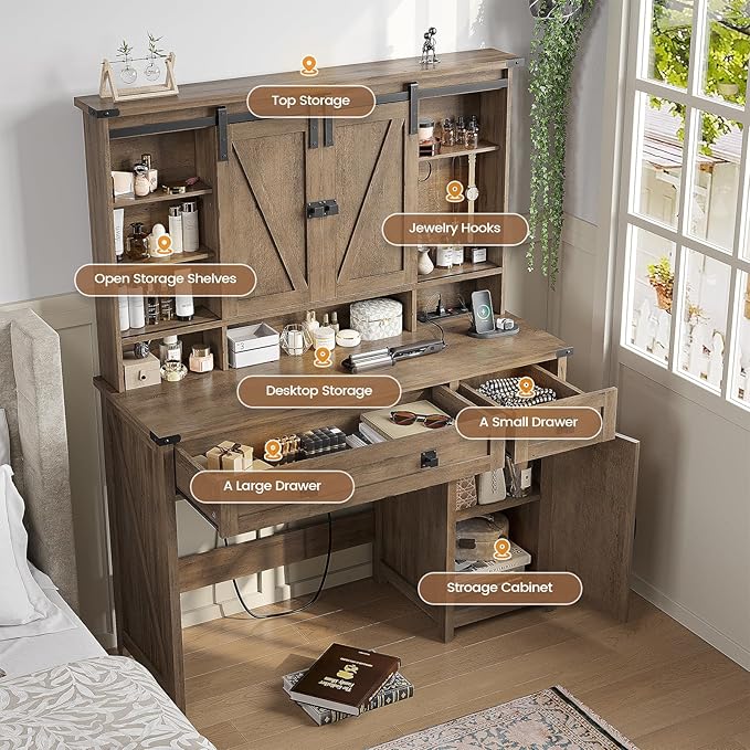 AOGLLATI Makeup Vanity with Lights & Barn Doors, Vanity Desk with Mirror and Lights & Charging Station, Farmhouse Brown Vanity Table with Jewelry Hooks and Open Storage Shelves