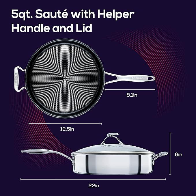 Circulon Clad Stainless Steel Saute Pan with Lid and Hybrid SteelShield and Nonstick Technology, 5 Quart - Silver