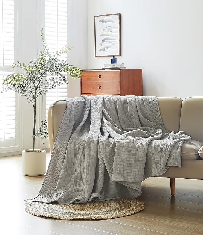 100% Cotton Muslin Queen Blanket (90" x 90") – A Luxuriously Soft, 4-Layer Lightweight and Breathable Gauze Blanket, Perfect for Year-Round use on beds, couches (Grey, Queen)