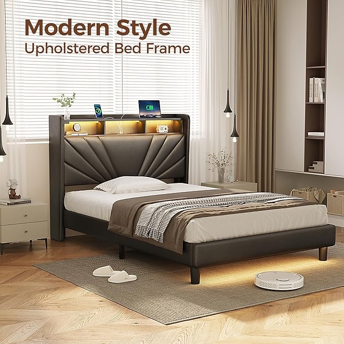 Rolanstar Twin Size Bed Frame, Storage Headboard with Charging Station and LED Lights, Upholstered Bed with Heavy Duty Wood Slats, No Box Spring Needed, Noise Free, Easy Assembly, Black