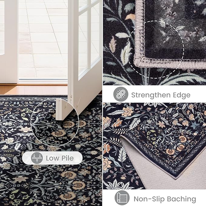 Area Rug Living Room Rug, 5X7 Rugs for Living Room Floral Boho Low Pile Super Soft Washable Rug, Stain Resistant Indoor Floor Non-Slip Carpet for Bedroom Bedside Dining Room Kitchen Nursery, Black