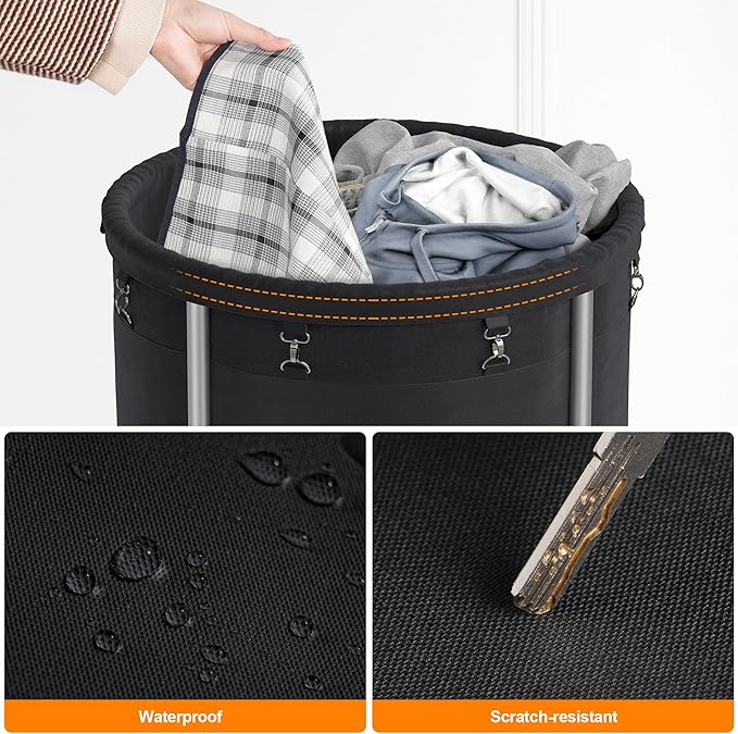 ELYKEN Laundry Hamper on Wheels, 23.6" Diameter 170L Large Capacity Laundry Basket with Removable Liner Bag, Easy Rolling Clothes Cart with 4 Casters and 2 Brakes, Sturdy Metal Frame, Black