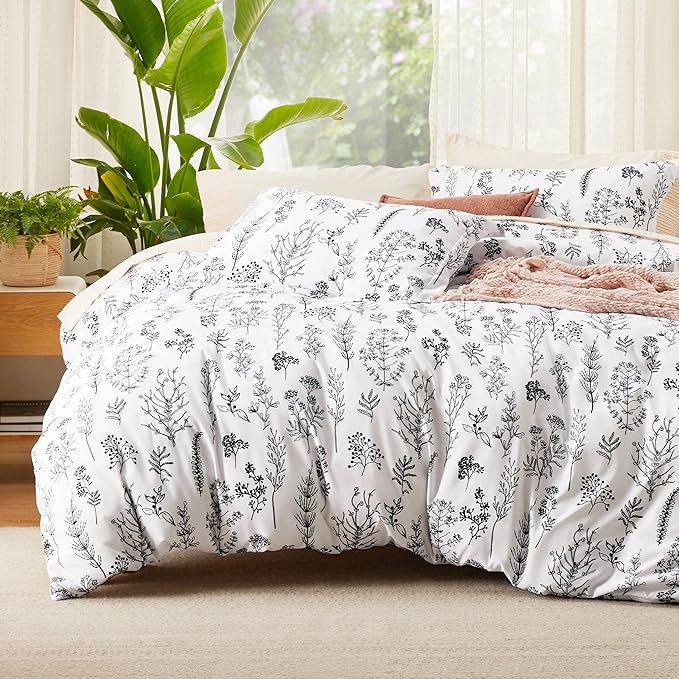 Bedsure Queen Comforter Set - Bright White Bed Set, 3 Pieces Cute Floral Bedding, 1 Soft Reversible Botanical Flowers Comforter and 2 Pillow Shams