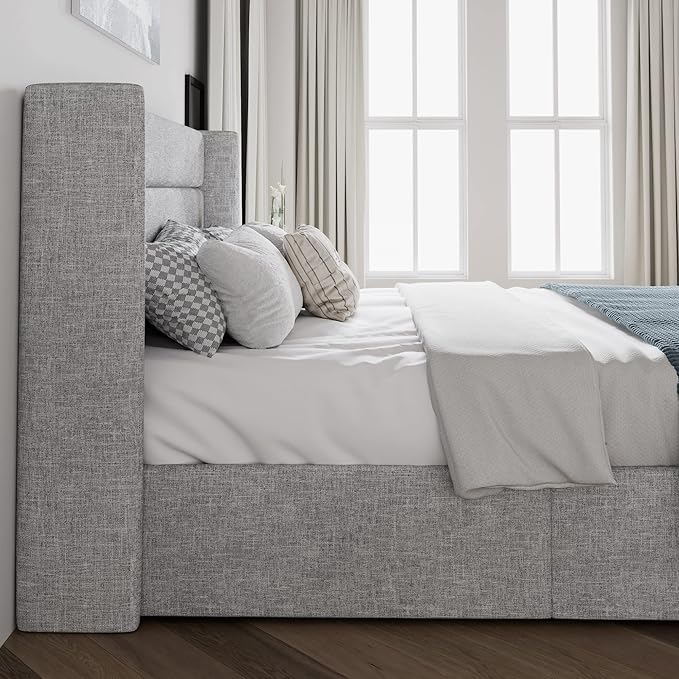 SHA CERLIN Full Size Lift Up Storage Bed/Modern Wingback Headboard/Upholstered Platform Bed Frame/Hydraulic Storage/No Box Spring Needed/Wood Slats Support/Light Grey