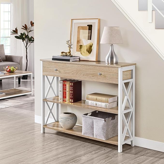 Yaheetech Console Table with Drawer, Narrow Sofa Table with Storage Shelves for Living Room, 3-Tier Entryway Tables with Metal Frame, Light Oak