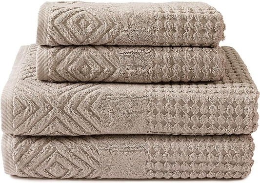 Texere 100% Organic Cotton Diamond Jacquard 700 GSM Luxury Bath Towel Sets - Ultra Soft and Absorbent Hotel and Spa Quality (Diamond, Oxford Tan, 2 Bath & 2 Hand Towels)
