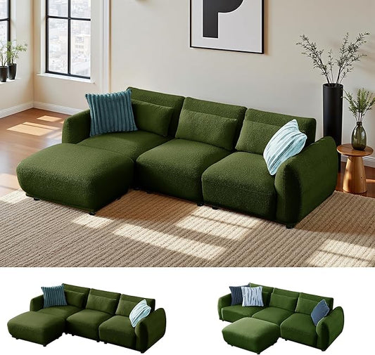 Sectional Sofa Couch, Modern Convertible U Shaped Sectional Couch with Ottoman, Modular Sectional Sofa Cloud Couches for Living Room (Green, 3 Set + 1 Ottoman)