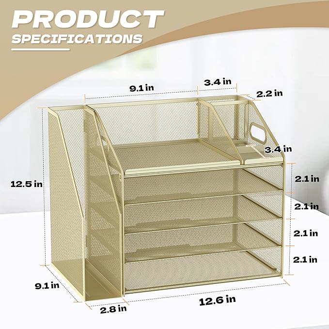 DocNest 5 Tier Paper Letter Tray File Organizer, Mesh Desk File with Handle, Workspace Desk Organizers with Pen Holder, Office Organization Storage Accessories - Gold Yellow