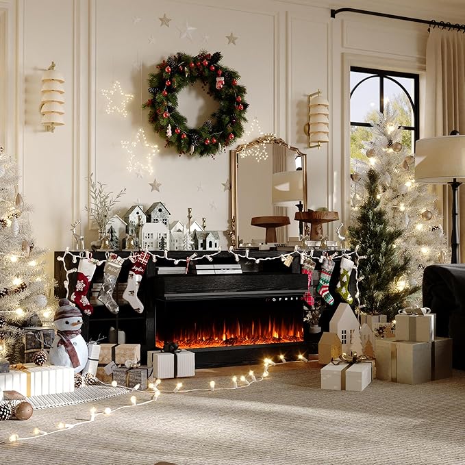 CharaVector 3-Sided Farmhouse TV Stand for TVs up to 75'', Modern TV Console with Glass Door Storage Cabinet, 60'' Large TV Stands for 30''Fireplace, Black (ONLY TV Stand)