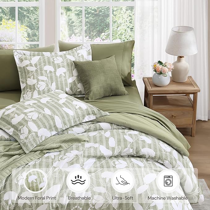 King Comforter Set -7 Pieces Sage Green Floral Comforter Set for All Seasons, Bed in a Bag King with Botanical Flowers Comforter, Sheets, Pillowcases & Shams