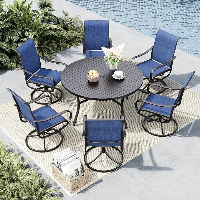 MFSTUDIO Patio Dining Set for 6, Round Patio Table and Chairs Set with Umbrella Hole, 7 Piece Outdoor Patio Furniture Set for Deck, Backyard, Poolside & Garden