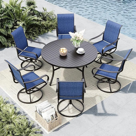 MFSTUDIO Patio Dining Set for 6, Round Patio Table and Chairs Set with Umbrella Hole, 7 Piece Outdoor Patio Furniture Set for Deck, Backyard, Poolside & Garden