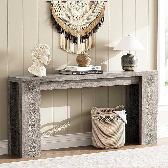 70.9 Inch Extra Long Console Table, Farmhouse Entryway Table with Thickened Base, Wood Sofa Table Behind Couch Table, Narrow Entry Way Accent Table for Living Room, Hallway, Entrance, Foyer, Grey