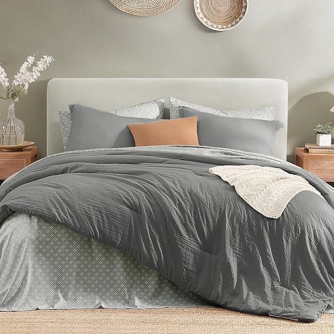 Monbix King Size Comforter Set - 7 Pieces Granite Grey Prewashed Bed in a Bag King Bedding Sets with Comforters, All Seasons Down Alternative Comforter Bed Set with Sheets,Pillowcases & Shams