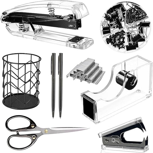 Office Desk Accessories，Office Supplies Set Acrylic Stapler Set Staple Remover, Tape Holder, Pen Holder, 2 Ballpoint Pen, Scissor, Binder Clips, Paper Clips and 1000pcs Staples(Black)