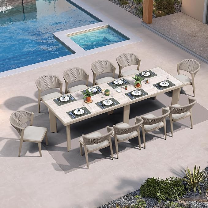 PURPLE LEAF 11-Piece Patio Dining Set Outdoor Furniture Rectangular Table and Chairs Set with Aluminum Frame and Wicker Rattan for Garden Deck Backyard Kitchen Champagne Outdoor Set