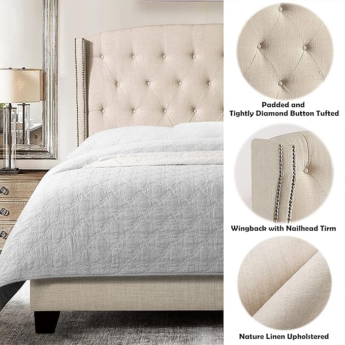 Rosevera Essential Wingback Platform Bed Frame with Tufted Headboard/Fabric Upholstered Bed Frame/Wood Slat Support/Easy Assembly,King,Beige