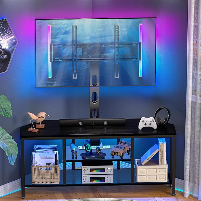 Corner TV Stand with Mount LED - Universal TV Mount Stand for 32-65" TV, Height Adjustable Swivel TV Console Wood & Steel Entertainment Center with Mount, Cabinet, Power Outlet, Colorful Light, Black