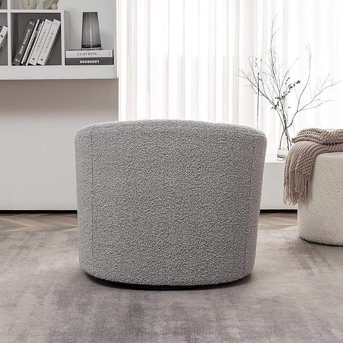 KINWELL 34" W Mid Century Modern Swivel Barrel Chair, Round Upholstered Boucle Swivel Accent Chairs, No Assembly Sofa Chair for Living Room Bedroom Reading Apartment Lounge Nursery(Black White)