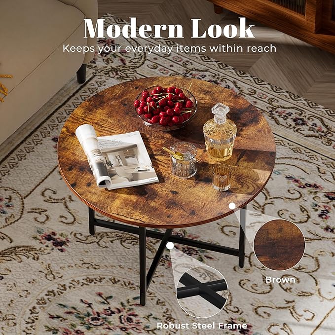 Round Coffee Table, Small Coffee Tables for Living Room, Wood Coffee Table with Metal Frame, Floor Table Desk for Sitting on The Floor, Home, Office, Farmhouse, Rustic Brown (23.6"D x 17.7"H)