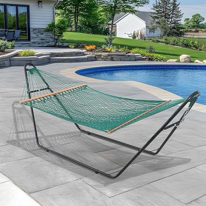 Lazy Daze Hammocks 12FT Double Rope Hammocks, Hand Woven Cotton Hammock with Pillow & Spreader Bar for Outside, Patio, Poolside, FIT 13-15 Foot Stand, Max 450 Lbs, Natural, 141 x 57 inches