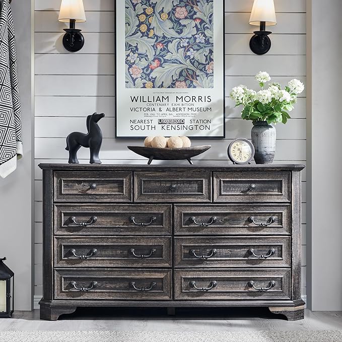 T4TREAM Farmhouse 9 Drawers Dresser for Bedroom, 54" Wide Wood Rustic Chest of Drawers with Natural Texture, Vintage Design, Storage Dressers Organizer for Bedroom, Living Room, Dark Rustic Oak