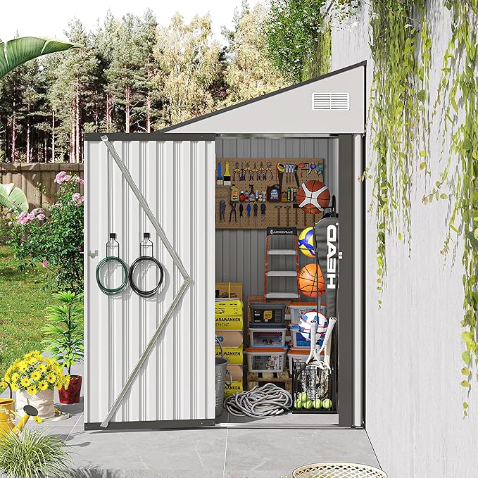 4x8 ft Lean to Shed, Outdoor Storage Shed with Lockable Door and Vents, Metal Storage Shed with 6 Vents, Outside Garden Tool Shed for Backyard, Patio, Wall Side Design (White)