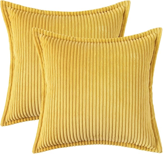 Mecatny Corduroy Throw Pillow Covers 20x20 Set of 2, Neutral Decorative Soft Boho Couch Pillow Covers with Broadside for Sofa Living Room, Mustard Yellow