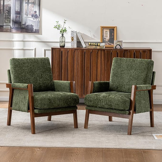 Mid Century Modern Accent Chair with Wood Frame, Upholstered Living Room Chairs with Wide Armrest, Chenille Fabric Comfy Arm Chair for Bedroom, Reading Room, Balcony (2, Green)