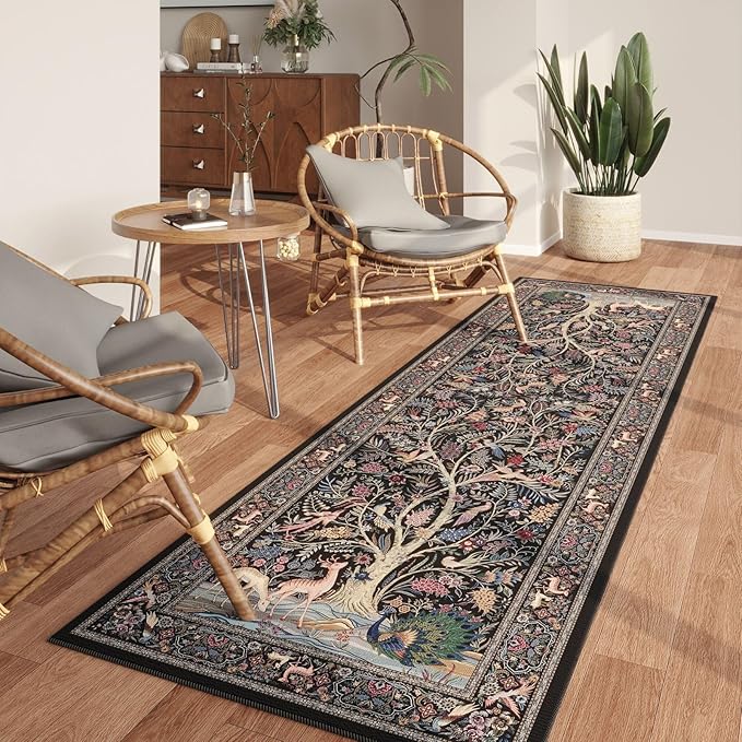 Runner Rug 2x6 Vibrant Tree of Life-Patterned Vintage Kitchen Rugs Non Slip Washable Soft Carpet Runner for Laundry Bedroom Bathroom, Black
