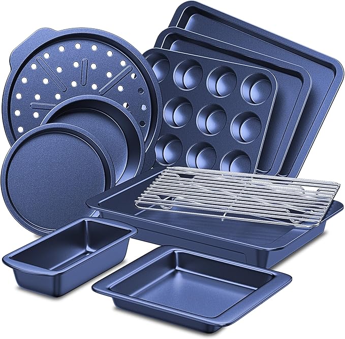HONGBAKE Bakeware Sets, Baking Pans Set, Nonstick Oven Pan for Kitchen with Wider Grips, 10-Piece Including Rack, Cookie Sheet, Cake Pans, Loaf Pan, Muffin Pan, Pizza Pan - Blue