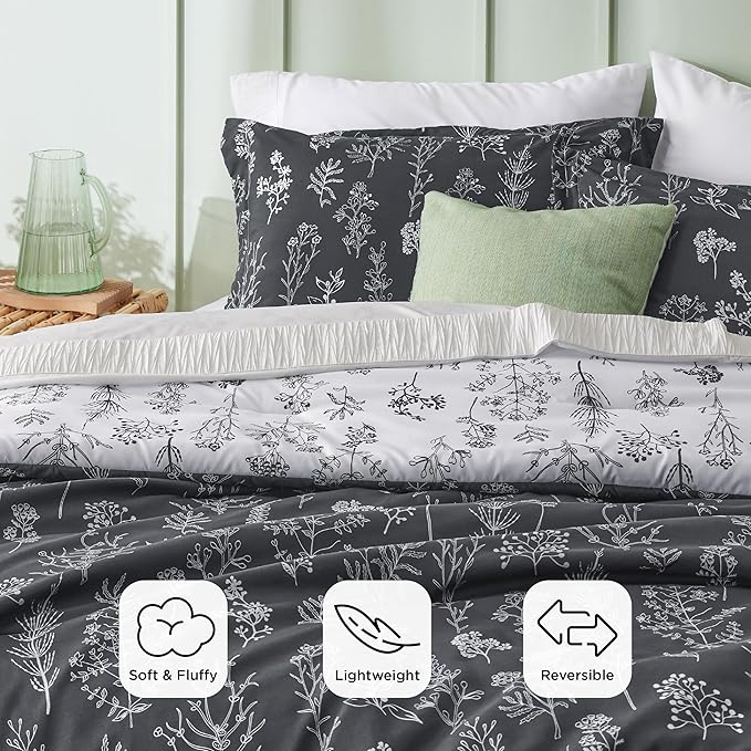 Bedsure Oversized Queen Comforter Set - Dark Grey Bed Set, 3 Pieces Cute Floral Bedding, 1 Soft Reversible Botanical Flowers Comforter and 2 Pillow Shams
