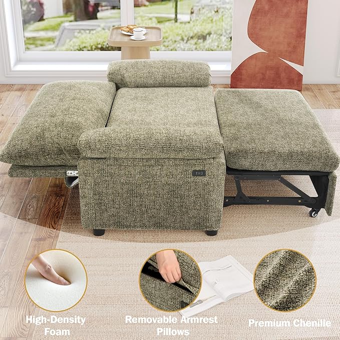 Vipbear 3-in-1 Convertible Sofa Bed, Pull Out Sleeper Sofa with USB Charging Station & Adjustable Backrest, Loveseat with Side Pocket for Living Room, Apartment, Tool-Free Assembly, Chenile Light Grey