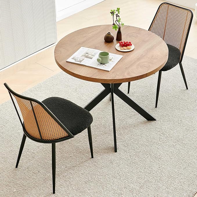 NORDICANA 3-Piece Wooden Dining Set, Space-Saving Round Table & Chair Set for Kitchen, Breakfast Nook, Rattan Wicker Dining Chairs with Boucle Seats - Black